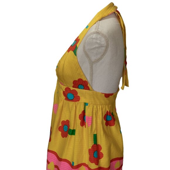 Vintage 60s Malia Honolulu Mini Dress Mod Floral Bright Neon Beach Cover Halter - Picture 7 of 14